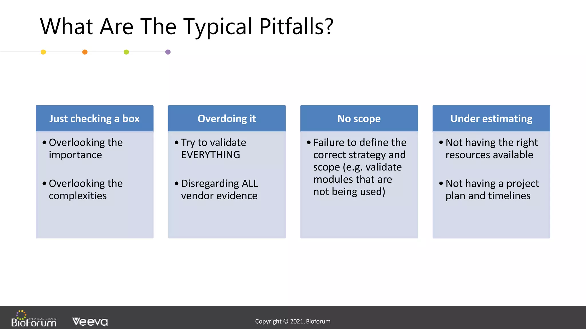 - Confidential -
Copyright © 2020,Bioforum
7
Copyright © 2021,Bioforum
Copyright © 2021,Bioforum
What Are The Typical Pitfalls?
Just checking a box
•Overlooking the
importance
•Overlooking the
complexities
Overdoing it
•Try to validate
EVERYTHING
•Disregarding ALL
vendor evidence
No scope
•Failure to define the
correct strategy and
scope (e.g. validate
modules that are
not being used)
Under estimating
•Not having the right
resources available
•Not having a project
plan and timelines
 