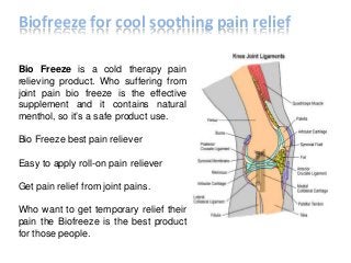 Bio Freeze is a cold therapy pain
relieving product. Who suffering from
joint pain bio freeze is the effective
supplement and it contains natural
menthol, so it’s a safe product use.
Bio Freeze best pain reliever
Easy to apply roll-on pain reliever
Get pain relief from joint pains.
Who want to get temporary relief their
pain the Biofreeze is the best product
for those people.
Biofreeze for cool soothing pain relief
 