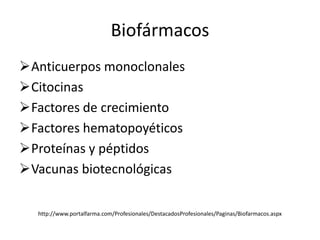 Biofármacos
Anticuerpos monoclonales
Citocinas
Factores de crecimiento
Factores hematopoyéticos
Proteínas y péptidos
Vacunas biotecnológicas

  http://www.portalfarma.com/Profesionales/DestacadosProfesionales/Paginas/Biofarmacos.aspx
 