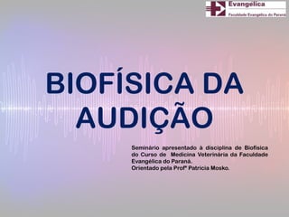 BIOFÍSICA DA
AUDIÇÃO
Seminário apresentado à disciplina de Biofísica
do Curso de Medicina Veterinária da Faculdade
Evangélica do Paraná.
Orientado pela Profª Patricia Mosko.
 