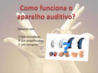 Consiste em:
Um microfone;
Um amplificador;
Um receptor;

 