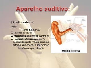 Orelha externa.
Inclui:
Como funciona?
 Pavilhão auricular
 Meato acústico externo captar as
O pavilhão auricular irá
 Membrana timpânica. serão
ondas sonoras, que
conduzidas pelo meato acústico
externo, até chegar à membrana
timpânica, que vibrará.

 