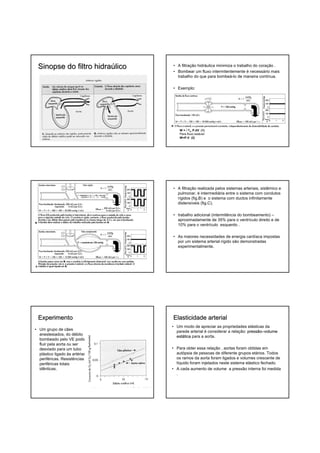 Sinopse do filtro hidraúlico   • A filtração hidráulica minimiza o trabalho do coração .
                                • Bombear um fluxo intermitentemente é necessário mais
                                  trabalho do que para bombeá-lo de maneira contínua.

                                • Exemplo:




                                    W = ∫ t2t1 P.dV (1)
                                    Para fluxo estável:
                                    W=P.V (2)




                                • A filtração realizada pelos sistemas arteriais, sistêmico e
                                  pulmonar, é intermediária entre o sistema com condutos
                                  rígidos (fig.B) e o sistema com ductos infinitamente
                                  distensíveis (fig.C).

                                • trabalho adicional (intermitência do bombeamento) –
                                  aproximadamente de 35% para o ventrículo direito e de
                                  10% para o ventrículo esquerdo .

                                • As maiores necessidades de energia cardíaca impostas
                                  por um sistema arterial rígido são demonstradas
                                  experimentalmente.




 Experimento                    Elasticidade arterial
                                • Um modo de apreciar as propriedades elásticas da
• Um grupo de cães                parede arterial é considerar a relação: pressão–volume
                                                                          pressão–
  anestesiados, do débito         estática para a aorta.
                                  está
  bombeado pelo VE podia
  fluir pela aorta ou ser
  desviado para um tubo         • Para obter essa relação , aortas foram obtidas em
  plástico ligado às artérias     autópsia de pessoas de diferente grupos etários. Todos
  periféricas. Resistências       os ramos da aorta foram ligados e volumes crescente de
  periféricas totais              líquido foram injetados neste sistema elástico fechado.
  idênticas.                    • A cada aumento de volume a pressão interna foi medida
                                  .
 