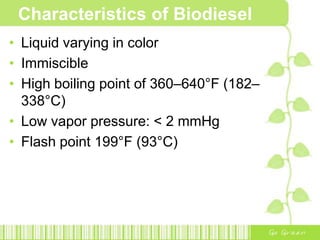 Characteristics of Biodiesel
• Liquid varying in color
• Immiscible
• High boiling point of 360–640°F (182–
338°C)
• Low vapor pressure: < 2 mmHg
• Flash point 199°F (93°C)
 