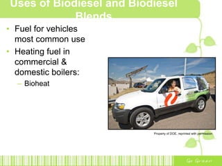 Uses of Biodiesel and Biodiesel
Blends
• Fuel for vehicles
most common use
• Heating fuel in
commercial &
domestic boilers:
– Bioheat
Property of DOE, reprinted with permission
 