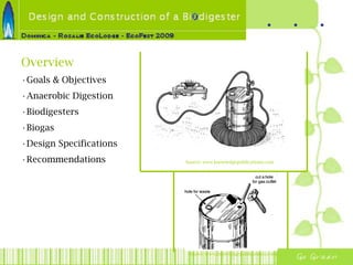 Overview
•Goals & Objectives
•Anaerobic Digestion
•Biodigesters
•Biogas
•Design Specifications
•Recommendations
Source: www.knowledgepublications.com
Source: www.knowledgepublications.com
 