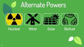12
Alternate Powers
Nuclear Wind Solar Biofuel
 