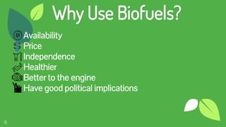 15
Why Use Biofuels?
Availability
Price
Independence
Healthier
Better to the engine
Have good political implications
 
