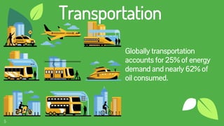 5
Transportation
Globally transportation
accounts for 25% of energy
demand and nearly 62% of
oil consumed.
 