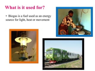 What is it used for?
• Biogas is a fuel used as an energy
source for light, heat or movement
neethu asokan
 