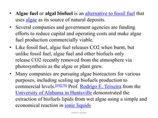 • Algae fuel or algal biofuel is an alternative to fossil fuel that
uses algae as its source of natural deposits.
• Several companies and government agencies are funding
efforts to reduce capital and operating costs and make algae
fuel production commercially viable.
• Like fossil fuel, algae fuel releases CO2 when burnt, but
unlike fossil fuel, algae fuel and other biofuels only
release CO2 recently removed from the atmosphere via
photosynthesis as the algae or plant grew.
• Many companies are pursuing algae bioreactors for various
purposes, including scaling up biofuels production to
commercial levels.[69][70] Prof. Rodrigo E. Teixeira from the
University of Alabama in Huntsville demonstrated the
extraction of biofuels lipids from wet algae using a simple and
economical reaction in ionic liquids
neethu asokan
 