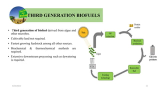 • Third generation of biofuel derived from algae and
other microbes.
• Cultivable land not required.
• Fastest growing feedstock among all other sources.
• Biochemical & thermochemical methods are
required.
• Extensive downstream processing such as dewatering
is required.
THIRD GENERATION BIOFUELS
9/24/2023 12
 