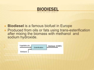 BIODIESEL


       Biodiesel is a famous biofuel in Europe
       Produced from oils or fats using trans-esterification
        after mixing the biomass with methanol and
        sodium hydroxide.
     methanol and sodium hyrox
     Produced after mixing the biomass with methanol and sodium hyroxide
     Used for car diesel engi
PrProduced after mixing the biomass with methanol and sodium hyroxide


  Used for car diesel engines
oduced after mixing the biomass with methanol and sodium hyroxide


    Used for car diesel engines
 
