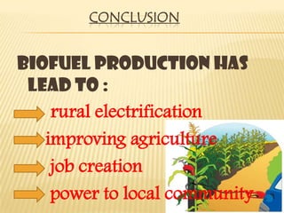 CONCLUSION


Biofuel production has
 lead to :
   rural electrification
  improving agriculture
   job creation
   power to local community
 