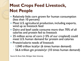 Most Crops Feed Livestock,
Not People
   Relatively little corn grown for human consumption
    (less than 10 percent)
   Most U.S. agricultural production, including exports,
    wind up as livestock feed
   Dairy and beef cattle consume more than 70% of all
    calories and protein fed to livestock
   25 million acres of corn (~5% of our cropland) could
    meet U.S. human demand for protein and calories
   Protein/calorie needs of livestock
    ◦ 1,040 trillion kcal/yr (6 times human demand)
    ◦ 56.6 trillion gm protein/yr (10 times human demand)
Source: Dr. Bruce Dale, Michigan State University
 