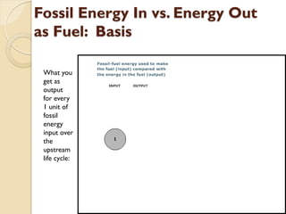 Fossil Energy In vs. Energy Out
as Fuel: Basis

 What you
 get as
 output
 for every
 1 unit of
 fossil
 energy
 input over
 the
 upstream
 life cycle:
 
