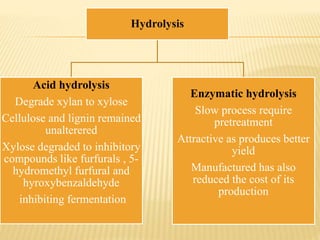 Hydrolysis
Acid hydrolysis
Degrade xylan to xylose
Cellulose and lignin remained
unalterered
Xylose degraded to inhibitory
compounds like furfurals , 5-
hydromethyl furfural and
hyroxybenzaldehyde
inhibiting fermentation
Enzymatic hydrolysis
Slow process require
pretreatment
Attractive as produces better
yield
Manufactured has also
reduced the cost of its
production
 