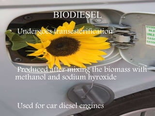 BIODIESEL
Undergoes transesterification



Produced after mixing the biomass with
methanol and sodium hyroxide


Used for car diesel engines
 