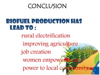 CONCLUSION

Biofuel production has
 lead to :
    rural electrification
     improving agriculture
    job creation
     women empowerment
     power to local community
 