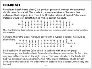 11
Petroleum diesel (Petro diesel) is a product produced through the fractional
distillation of crude oil. The product contains a mixture of hydrocarbon
molecules that range in size from 8 to 21 carbon atoms. A typical Petro diesel
molecule would look something like this 16-carbon molecule.
BIO-DIESEL
Note that the Petro diesel molecule is a pure hydrocarbon, containing only hydrogen and carbon atoms
and no oxygen.
Compare the Petro diesel molecule above with a typical biodiesel molecule as
shown here.
Biodiesel with 17 carbons (also called 16 carbons with an ester group)
In many ways, the biodiesel and Petro diesel molecules are similar. In fact, the
only real difference is on the right side of the molecule where the biodiesel
has two oxygen atoms compared to the Petro diesel molecule. These oxygen
atoms are what make all the difference in biofuels like biodiesel, when they are
burned.
 