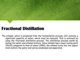 Fractional Distillation
The ethanol, which is produced from the fermentation process, still contains a
significant quantity of water, which must be removed. This is achieved by
using the fractional distillation process. The distillation process works by
boiling the water and ethanol mixture. Since ethanol has a lower boiling point
(78.3C) compared to that of water (100C), the ethanol turns into the vapour
state before the water and can be condensed and separated.
 