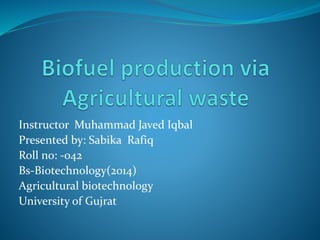 Instructor Muhammad Javed Iqbal
Presented by: Sabika Rafiq
Roll no: -042
Bs-Biotechnology(2014)
Agricultural biotechnology
University of Gujrat
 