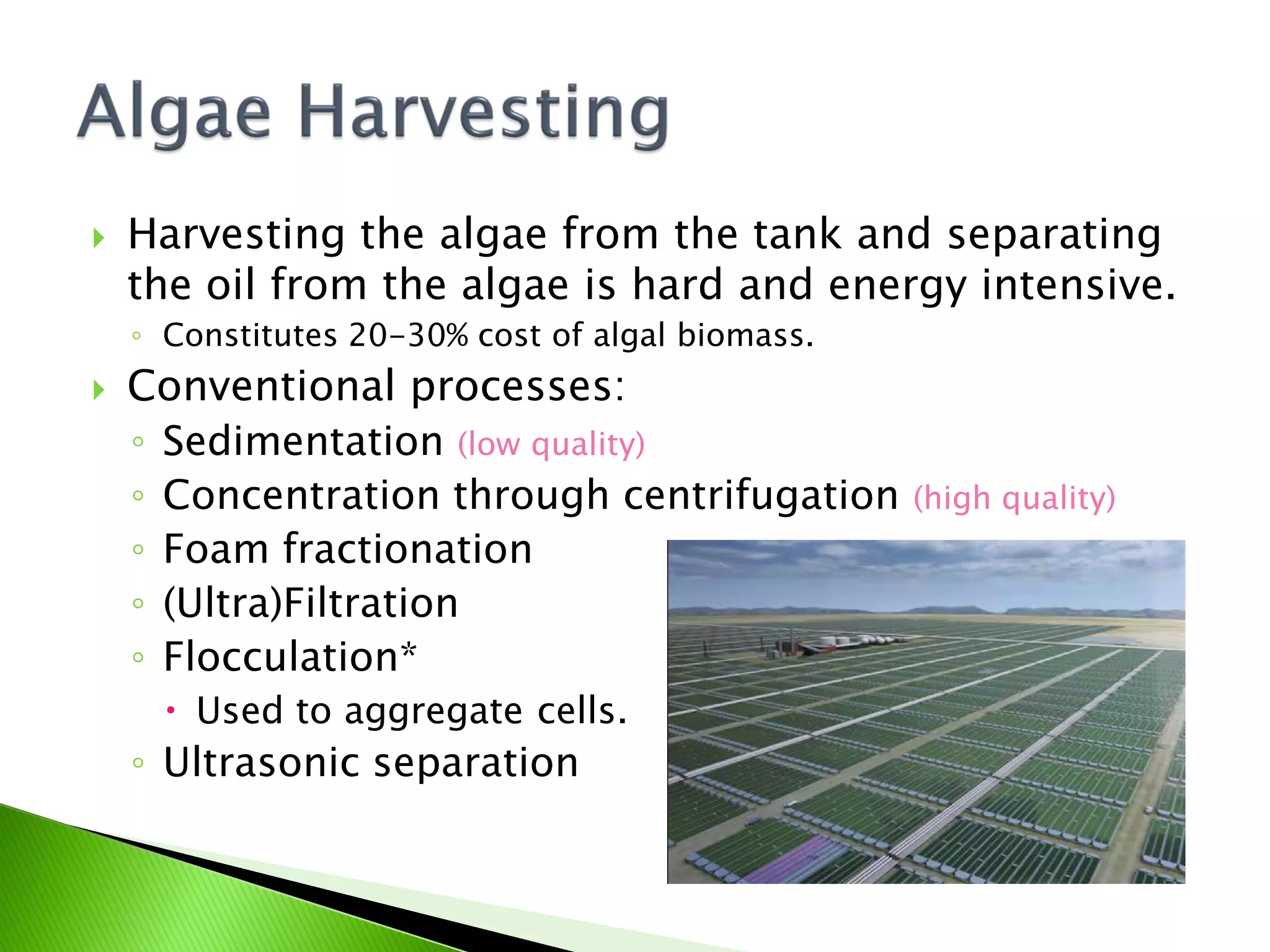    Harvesting the algae from the tank and separating
    the oil from the algae is hard and energy intensive.
    ◦ Constitutes 20-30% cost of algal biomass.
   Conventional processes:
    ◦ Sedimentation (low quality)
    ◦ Concentration through centrifugation        (high quality)
    ◦ Foam fractionation
    ◦ (Ultra)Filtration
    ◦ Flocculation*
       Used to aggregate cells.
    ◦ Ultrasonic separation
 