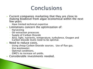    Current companies marketing that they are close to
    making biodiesel from algae economical within the next
    few years
    ◦ Have limited technical expertise
   Limitations concern the optimization of:
    ◦   Harvesting
    ◦   Oil extraction processes
    ◦   Supply of Carbon Dioxide
    ◦   Also, light, nutrients, temperature, turbulence, Oxygen and
        Carbon dioxide levels need to be optimal.
   Need to reduce costs.
    ◦   Using cheap Carbon Dioxide sources. Use of flue gas.
    ◦   Use wastewater.
    ◦   Optimal conditions.
    ◦   GMO’s to increase oil yields.
   Considerable investments needed.
 