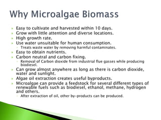    Easy to cultivate and harvested within 10 days.
   Grow with little attention and diverse locations.
   High growth rate.
   Use water unsuitable for human consumption.
    ◦ Treats waste water by removing harmful contaminates.
   Easy to obtain nutrients.
   Carbon neutral and carbon fixing.
    ◦ Removal of Carbon dioxide from industrial flue gasses while producing
      biodiesel.
   Can grow almost anywhere as long as there is carbon dioxide,
    water and sunlight.
   Algae oil extraction creates useful byproducts.
   Microalgae can provide a feedstock for several different types of
    renewable fuels such as biodiesel, ethanol, methane, hydrogen
    and others.
    ◦ After extraction of oil, other by-products can be produced.
 