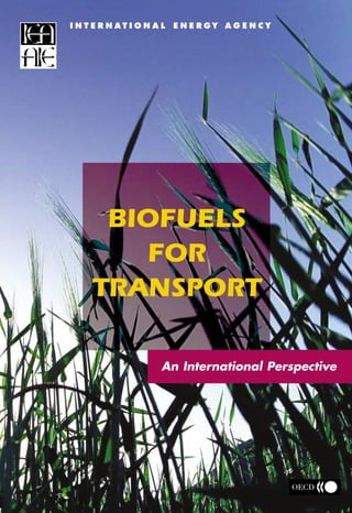 BIOFUELS
FOR
TRANSPORT
I N T E R N A T I O N A L E N E R GY A G E N C Y
BIOFUELS FOR TRANSPORT
In the absence of strong government policies, the IEA
projects that the worldwide use of oil in transport will
nearly double between 2000 and 2030, leading to a
similar increase in greenhouse gas emissions. Biofuels,
such as ethanol, biodiesel, and other liquid and
gaseous fuels, could offer an important alternative to
petroleum over this timeframe and help reduce
atmospheric pollution.
This book looks at recent trends in biofuel production
and considers what the future might hold if such
alternatives were to displace petroleum in transport.
The report takes a global perspective on the nascent
biofuels industry, assessing regional similarities and
differences as well as the cost and benefits of the
various initiatives being undertaken around the world.
In the short term, conventional biofuel production
processes in IEA countries could help reduce oil use
and thence greenhouse gas emissions, although the
costs may be high. In the longer term, possibly within
the next decade, advances in biofuel production and
the use of new feedstocks could lead to greater, more
cost-effective reductions. Countries such as Brazil are
already producing relatively low-cost biofuels with
substantial reductions in fossil energy use and
greenhouse gas emissions. This book explores the
range of options on offer and asks whether a global
trade in biofuels should be more rigorously pursued.
(61 2004 16 1 P1) ISBN 92-64-01512-4 €75
BIOFUELSFORTRANSPORTAnInternationalPerspective
2004
An International Perspective
An International Perspective
9:HSTCQE=UVZVW]:
 