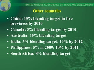 Other countries
• China: 15% blending target in five
provinces by 2010
• Canada: 5% blending target by 2010
• Australia: 10% blending target
• India: 5% blending target; 10% by 2012
• Philippines: 5% in 2009; 10% by 2011
• South Africa: 8% blending target
 
