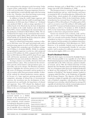 ReproducedfromCropScience.PublishedbyCropScienceSocietyofAmerica.Allcopyrightsreserved.
CROP SCIENCE, VOL. 47, NOVEMBER–DECEMBER 2007 WWW.CROPS.ORG 2233
the existing plants for subsequent yearly harvesting. Under
a ratoon system, yields decline ~15% in second year and 6
to 8% each year thereafter. Of greater importance however,
is the rapid decline in total reducible sugars after harvesting
in the cane. Therefore, time from harvesting to processing
is extremely critical in the production equation.
In addition to being the world’s largest sugarcane and
sugar producer, Brazil is also the world’s second-largest etha-
nol producer. In 2006 more than 17 billion L yr−1
of ethanol
were produced (Table 1), with an energy equivalent of 1.5
million barrels of oil. Brazil also has the least oil dependent
fleet of vehicles in the world. Small-car sales in Brazil are
led by FFVs, a factor contributing to the renewed interest in
the production of ethanol in Brazil (Marris, 2006). The use
of ethanol has less impact on the environment than conven-
tional gasoline engines (Berg, 2004), and by the elimination
of lead and the use of ethanol, Brazil has reduced its carbon
emissions significantly (Langevin, 2005).
Interest in ethanol processing plants continues in Bra-
zil. In 2005 there were 320 sugar and alcohol mills with a
total processing capacity in excess of 430 million t of sugar-
cane. Together they can produce up to 20 million t of sugar
and 18 billion L of alcohol (MAPA, 2006b). In addition,
acreage planted to sugarcane is on the rise, with a projected
harvest of 570 million t by 2010, compared with 430 mil-
lion t in 2005. Between 2006 and 2010, about 90 new sugar
mills will become operational, and old refineries will be
expanded to become more productive (Moreira, 2006).
As long as oil prices are unstable, alternative fuels such
alcohol will have a place. They are better for the environ-
ment, provide a better balance with greenhouse gases, are
renewable, and can be cheaper. The Brazilian experience,
however, highlights the need for growers to be continu-
ally aware of changing externalities and for producers to
rely on markets rather than government subsidies. In Bra-
zil the outlook for ethanol production remains optimis-
tic because of a large sugarcane growing potential, the
competitive advantage of ethanol due to environmental
concerns, the investment into the development of etha-
nol-powered cars and finally, the long history of ethanol
and sugarcane. Since 1975 ethanol has displaced more
than 280 billion L of gasoline and saved more than US$65
billion in the cost of oil imports (Moreira, 2006).
BIODIESEL
Like ethanol, biodiesel has received
increased interest as a biofuel.
Because of the increased price of
petroleum and environmental con-
cerns worldwide, several countries
are looking for alternatives to petro-
leum-based diesel. Research on the
use of vegetable oils as a diesel fuel
has been intense during periods of
petroleum shortages such as World Wars I and II and the
energy crisis of the 1970s (Duffield et al., 1998).
The European Union is currently the global leader in
biodiesel production and use, with Germany and France
accounting for 88% of world production, followed by the
United States, which produces 8% of global production
(Hazell and Pachauri, 2006). In the United States, biodie-
sel production has increased from 1.9 million L (0.5 mil-
lion gal) in 1999 to 284 million L (75 million gal) in 2005,
and it is on track to reach 946 million L (250 million gal)
by mid-2007. Commercial biodiesel plants increased from
22 facilities in 2004 to 76 facilities in 2006 (Caldwell,
2007). In the United States, biodiesel has been used prin-
cipally in urban buses and government vehicles.
Various raw materials such as refined, crude, and fry-
ing oils, as well as various technologies (Marchetti et al.,
2007), are currently used to produce biodiesel. Advantages
of biodiesel are that it is a natural, renewable, biodegrad-
able, nontoxic fuel that produces less pollution than petro-
diesel (Wassell and Dittmer, 2005; Marchetti et al., 2007).
However, to be profitable, biofuels need to provide net
energy gain, be environmentally friendly, be cost-com-
petitive, and be produced in sufficient quantities without
reducing food supplies (Hill et al., 2006).
Brazil’s Biodiesel History
When the diesel engine was invented by Rudolph Diesel in
1895, it became possible to use vegetable oil as fuel. When
Brazil initiated programs to study and develop alternative and
renewable fuels in the 1930s, it became a pioneer in biodie-
sel research, and in 1980, the Federal University of Ceará
obtained the first Brazilian patent for biodiesel processing.
The use of oleaginous plant species for biodiesel production
in Brazil was first proposed in 1975, coinciding with the
initiation of ProÁlcool. The biodiesel initiative resulted in
a program titled Pró-Óleo, or the Production of Vegetable
Oils for Energy Purposes. The objective of Pró-Óleo was
to generate a surplus of vegetable oil to make the production
costs of biodiesel competitive with petroleum. Pró-Óleo’s
initial goal was to develop a diesel fuel based on mixing 30%
vegetable oil with diesel oil, with the eventual replacement of
petroleum diesel with biodiesel (MAPA, 2006b).
Table 1. Statistics for Brazilian sugar and alcohol.
Crop Year
2000–2001 2002–2003 2004–2005 2005–2006 2006–2007
Sugarcane production (million t)†
326.1 364.4 416.3 457.9 483.8
Harvest area (million ha)†
4.8 5.1 5.6 6.2 6.5
Productivity (t ha-1
)†
67.9 71.3 73.9 74.0 74.4
Sugar production (million t)†,‡
16.0 22.4 26.6 26.7 29.2
Alcohol production (billion L)†,‡
10.5 12.5 15.2 17.2 18.8
†
Source: IBGE (2006).
‡
Source: MAPA (2006a).
 