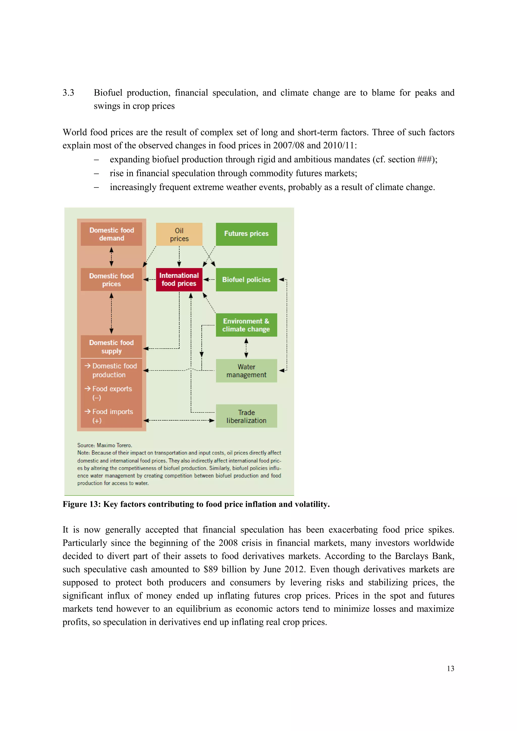 13
3.3 Biofuel production, financial speculation, and climate change are to blame for peaks and
swings in crop prices
World food prices are the result of complex set of long and short-term factors. Three of such factors
explain most of the observed changes in food prices in 2007/08 and 2010/11:
 expanding biofuel production through rigid and ambitious mandates (cf. section ###);
 rise in financial speculation through commodity futures markets;
 increasingly frequent extreme weather events, probably as a result of climate change.
Figure 13: Key factors contributing to food price inflation and volatility.
It is now generally accepted that financial speculation has been exacerbating food price spikes.
Particularly since the beginning of the 2008 crisis in financial markets, many investors worldwide
decided to divert part of their assets to food derivatives markets. According to the Barclays Bank,
such speculative cash amounted to $89 billion by June 2012. Even though derivatives markets are
supposed to protect both producers and consumers by levering risks and stabilizing prices, the
significant influx of money ended up inflating futures crop prices. Prices in the spot and futures
markets tend however to an equilibrium as economic actors tend to minimize losses and maximize
profits, so speculation in derivatives end up inflating real crop prices.
 