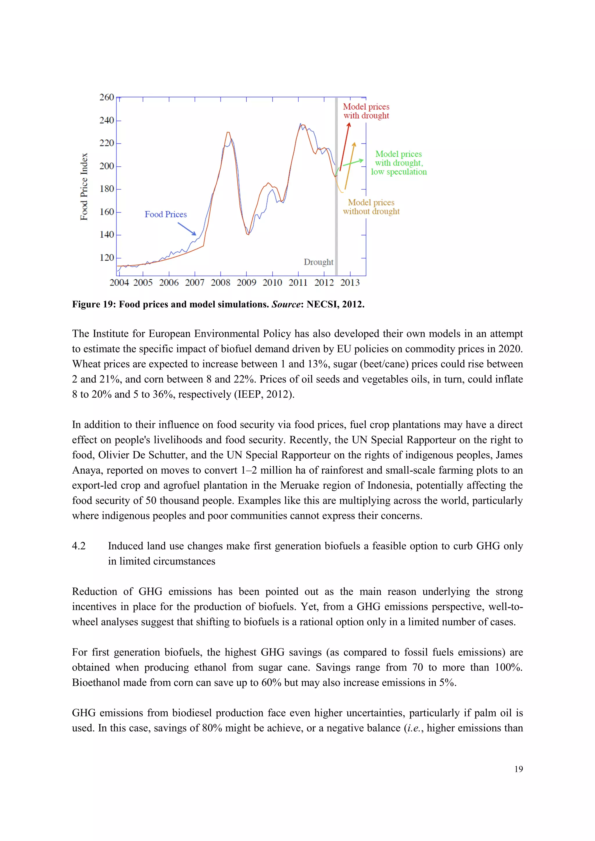 19
Figure 19: Food prices and model simulations. Source: NECSI, 2012.
The Institute for European Environmental Policy has also developed their own models in an attempt
to estimate the specific impact of biofuel demand driven by EU policies on commodity prices in 2020.
Wheat prices are expected to increase between 1 and 13%, sugar (beet/cane) prices could rise between
2 and 21%, and corn between 8 and 22%. Prices of oil seeds and vegetables oils, in turn, could inflate
8 to 20% and 5 to 36%, respectively (IEEP, 2012).
In addition to their influence on food security via food prices, fuel crop plantations may have a direct
effect on people's livelihoods and food security. Recently, the UN Special Rapporteur on the right to
food, Olivier De Schutter, and the UN Special Rapporteur on the rights of indigenous peoples, James
Anaya, reported on moves to convert 1–2 million ha of rainforest and small-scale farming plots to an
export-led crop and agrofuel plantation in the Meruake region of Indonesia, potentially affecting the
food security of 50 thousand people. Examples like this are multiplying across the world, particularly
where indigenous peoples and poor communities cannot express their concerns.
4.2 Induced land use changes make first generation biofuels a feasible option to curb GHG only
in limited circumstances
Reduction of GHG emissions has been pointed out as the main reason underlying the strong
incentives in place for the production of biofuels. Yet, from a GHG emissions perspective, well-to-
wheel analyses suggest that shifting to biofuels is a rational option only in a limited number of cases.
For first generation biofuels, the highest GHG savings (as compared to fossil fuels emissions) are
obtained when producing ethanol from sugar cane. Savings range from 70 to more than 100%.
Bioethanol made from corn can save up to 60% but may also increase emissions in 5%.
GHG emissions from biodiesel production face even higher uncertainties, particularly if palm oil is
used. In this case, savings of 80% might be achieve, or a negative balance (i.e., higher emissions than
 