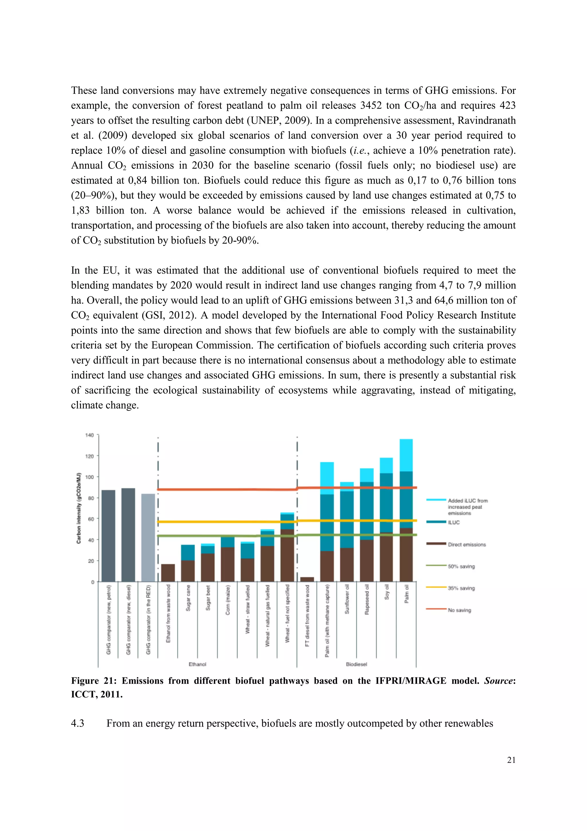 21
These land conversions may have extremely negative consequences in terms of GHG emissions. For
example, the conversion of forest peatland to palm oil releases 3452 ton CO2/ha and requires 423
years to offset the resulting carbon debt (UNEP, 2009). In a comprehensive assessment, Ravindranath
et al. (2009) developed six global scenarios of land conversion over a 30 year period required to
replace 10% of diesel and gasoline consumption with biofuels (i.e., achieve a 10% penetration rate).
Annual CO2 emissions in 2030 for the baseline scenario (fossil fuels only; no biodiesel use) are
estimated at 0,84 billion ton. Biofuels could reduce this figure as much as 0,17 to 0,76 billion tons
(20–90%), but they would be exceeded by emissions caused by land use changes estimated at 0,75 to
1,83 billion ton. A worse balance would be achieved if the emissions released in cultivation,
transportation, and processing of the biofuels are also taken into account, thereby reducing the amount
of CO2 substitution by biofuels by 20-90%.
In the EU, it was estimated that the additional use of conventional biofuels required to meet the
blending mandates by 2020 would result in indirect land use changes ranging from 4,7 to 7,9 million
ha. Overall, the policy would lead to an uplift of GHG emissions between 31,3 and 64,6 million ton of
CO2 equivalent (GSI, 2012). A model developed by the International Food Policy Research Institute
points into the same direction and shows that few biofuels are able to comply with the sustainability
criteria set by the European Commission. The certification of biofuels according such criteria proves
very difficult in part because there is no international consensus about a methodology able to estimate
indirect land use changes and associated GHG emissions. In sum, there is presently a substantial risk
of sacrificing the ecological sustainability of ecosystems while aggravating, instead of mitigating,
climate change.
Figure 21: Emissions from different biofuel pathways based on the IFPRI/MIRAGE model. Source:
ICCT, 2011.
4.3 From an energy return perspective, biofuels are mostly outcompeted by other renewables
 