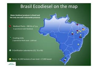 Brasil Ecodiesel on the map
 Major biodiesel producer in Brazil and 
the only one with nationwide presence



    Biodiesel Plants – 580 ths m3 p.y.
    Biodiesel Plants  580 ths m p.y. 
    6 operational multi–feedstock




   Crushing Units
   2 operational Multi‐seed– 1,600 tpd




   3 Certification Laboratories (CE, TO e RS)
   3 Certification Laboratories (CE TO e RS)



  Farms: 41,500 hectares of own land + 17,000 leased
 