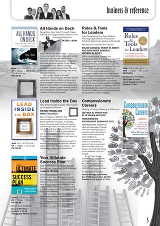 business & reference
5
All Hands on Deck
Navigating Your Team Through Crises,
Getting Your Organization Unstuck, and 	
		 Emerging Victorious
			 PETER J. BONI
In ALL HANDS ON DECK, Peter J. Boni
shows any leader or aspiring leader exactly
what to do with an underperforming
business. Following his advice, recognition
and rewards come quickly. It even allows
leaders without an MBA or Oxbridge
education to leapfrog over those who have
superior credentials or stronger ties to the
old boys’ network.
	 Peter’s own career is the best
illustration of his methods. A former special
operations infantry officer and decorated
combat veteran, Boni became a high-tech
CEO of a wide variety of companies during
a 30-year business career, leading many of
them through the varying stages of growth,
maturity, trouble and renewal.
ISBN: 978 1 60163 372 9
CP | 320pp | 152 x 229
27 b & w photos
PB £15.99
Rules & Tools
for Leaders
From Developing Your Own Skills to
Running Organizations of Any Size,
Practical Advice for Leaders at All Levels
Revised and Updated 4th Edition
MAJOR GENERAL PERRY M. SMITH
AND BRIGADIER GENERAL
JEFFREY W. FOLEY
This is a fully revised, updated and
reorganised edition of a classic management
handbook. It never loses sight of the big
picture of how any company should operate.
It provides useful and time-tested advice that
can be implemented immediately to the
benefit of the entire organisation. From
defining the qualities of outstanding leaders
to putting good leadership skills into practice,
from managing yourself and others to
handling the difficult tests that leadership
brings, this book includes valuable checklists
and reviews. In addition, it highlights some of
the best leadership programmes and presents
a host of compelling and instructive anecdotes
that illustrate the ideas throughout.
Compassionate
Careers
Making a Living by Making a Difference
JEFFREY W. PRYOR AND
ALEXANDRA MITCHELL
FOREWORD BY
ARCHBISHOP DESMOND TUTU
COMPASSIONATE CAREERS is
filled with examples of people
who have meaningful jobs in
cause-focused organisations.
These stories capture their
spirit, intelligence,
imagination and heart. The
book is an inspirational
guide to finding meaningful
work and offers advice to
anyone who feels that sitting
on the sidelines is just not
enough.
	 An old Yaqui Indian
proverb reads, “If you have
a choice of paths to take in
life, take the path with a
heart.” COMPASSIONATE
CAREERS will show you how.
OF RELATED INTEREST:
How to Manage an Effective
Non Profit Organization £13.99
Subversive Job Search £12.99
ISBN: 978 1 60163 359 0
CP | 288pp | 152 x 229
50 b & w ills
PB £14.99
ISBN: 978 0 399 16351 7
PGB | 256pp | 152 x 229
PB £13.99
OF RELATED INTEREST:
CEO Code £14.99
Great Quotes from Great
Leaders £7.99
Your Ultimate
Success Plan
Stop Holding Yourself Back and Get
Recognized, Rewarded, and Promoted
TAMARA JACOBS
Somewhere between self-help and
self-promotion lies self-awareness and
advancement. YOUR ULTIMATE SUCCESS
PLAN is a book that provides surprisingly
easy-to-apply business strategies in an
approachable, actionable, authentic way
and encourages you to find your voice and
realise your potential.
	 With principles based on awareness,
forgiveness, strategic application and
follow-through, you can join the thousands
of enlightened converts who have
participated in Tamara’s workshops and
seminars for more than 25 years.
ISBN: 978 1 60163 366 8
CP | 224pp | 152 x 229
PB £13.99
OF RELATED INTEREST:
Be your Own Best
Publicist £13.99
Change Your Attitude £11.99
Lead Inside the Box
How Smart Leaders Guide Their Teams
to Exceptional Results
VICTOR PRINCE AND
MIKE FIGLIUOLO
Every employee is different, but,
unfortunately, many leaders use a one-size-
fits-all approach to leading. In doing so,
these, otherwise well-intentioned, leaders
are working harder than they should while
not getting all they could out of their teams.
	 LEAD INSIDE THE BOX gives leaders a
way to get the best out of their teams by
focusing their energy where it will make the
biggest difference.
	 Through simple frameworks brought to
life with stories from the trenches, leaders
will be able to see their own teams – and
themselves – from a new perspective.
ISBN: 978 1 63265 004 7
CP | 288pp | 133 x 210
PB £14.99
 