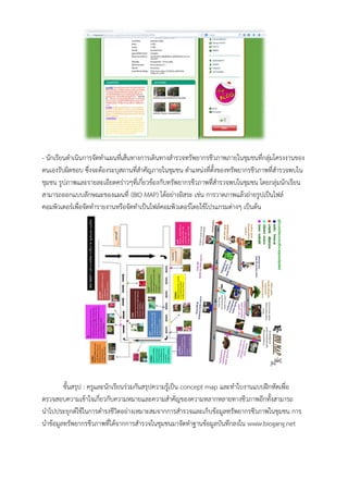 - นักเรียนดำเนินกำรจัดทำแผนที่เส้นทำงกำรเดินทำงสำรวจทรัพยำกรชีวภำพภำยในชุมชนที่กลุ่มโครงงำนของ ตนเองรับผิดชอบ ซึ่งจะต้องระบุสถำนที่สำคัญภำยในชุมชน ตำแหน่งที่ตั้งของทรัพยำกรชีวภำพที่สำรวจพบใน ชุมชน รูปภำพและรำยละเอียดคร่ำวๆที่เกี่ยวข้องกับทรัพยำกรชีวภำพที่สำรวจพบในชุมชน โดยกลุ่มนักเรียน สำมำรถออกแบบลักษณะของแผนที่ (BIO MAP) ได้อย่ำงอิสระ เช่น กำรวำดภำพแล้วถ่ำยรูปเป็นไฟล์ คอมพิวเตอร์เพื่อจัดทำรำยงำนหรือจัดทำเป็นไฟล์คอมพิวเตอร์โดยใช้โปรแกรมต่ำงๆ เป็นต้น 
ขั้นสรุป : ครูและนักเรียนร่วมกันสรุปควำมรู้เป็น concept map และทำใบงำนแบบฝึกหัดเพื่อ ตรวจสอบควำมเข้ำใจเกี่ยวกับควำมหมำยและควำมสำคัญของควำมหลำกหลำยทำงชีวภำพอีกทั้งสำมำรถ นำไปประยุกต์ใช้ในกำรดำรงชีวิตอย่ำงเหมำะสมจำกกำรสำรวจและเก็บข้อมูลทรัพยำกรชีวภำพในชุมชน กำร นำข้อมูลทรัพยำกรชีวภำพที่ได้จำกกำรสำรวจในชุมชนมำจัดทำฐำนข้อมูลบันทึกลงใน www.biogang.net 
 