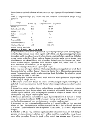 bahan bahan organik oleh bakteri adalah gas metan seperti yang terlihat pada tabel dibawah
ini:
Tabel : Komposisi biogas (%) kotoran sapi dan campuran kotoran ternak dengan sisaÿÿ
pertanian
                                             Biogas
       Jenis gas
                         Kotoran sapi   Campuran kotoran + sisa pertanian
Metan (CH4)                   65,7                    54 - 70
Karbon dioksida (CO2)         27,0                    45 - 57
Nitrogen (N2)                 2,3                     0,5 - 3,0
Karbon       monoksida         0                        0,1
(CO)
Oksigen (O2)                  0,1                       6,0
Propena (C3H8)                0,7                         -
Hidrogen sulfida(H2S)          -                      sedikit
                   2
Nilai kalor (kkal/m )         6513                4800 - 6700
Sumber: Harahap, dkk (1978)
MEMBANGUN INSTALASI BIOGAS
Bangunan utama dari instalasi biogas adalah Digester yang berfungsi untuk menampung gas
metan hasil perombakan bahan bahan organik oleh bakteri. Jenis digester yang paling banyak
digunakan adalah model continuous feeding dimana pengisian bahan organiknya dilakukan
secara kontinu setiap hari. Besar kecilnya digester tergantung pada kotoran ternak yamg
dihasilkan dan banyaknyaÿ biogas yang diinginkan. Lahanÿ yang diperlukan sekitar 16 m 2.
Untuk membuat digester diperlukan bahan bangunan seperti pasir, semen, batu kali, batu
koral, bata merah, besi konstruksi, cat dan pipa prolon.
Gambar: Unit pengolahan kotoran sapi menjadi biogas
Lokasi yang akan dibangun sebaiknya dekat dengan kandang sehingga kotoran ternak dapat
langsung disalurkan kedalam digester. Disamping digester harus dibangun juga penampung
sludge (lumpur) dimana slugde tersebut nantinya dapat dipisahkan dan dijadikan pupuk
organik padat dan pupuk organik cair.
Setelah pengerjaan digester selesai maka mulai dilakukan proses pembuatan biogas dengan
langkah langkah sebagai berikut:
1. Mencampur kotoran sapi dengan air sampai terbentuk lumpur dengan perbandingan 1:1
pada bak penampung sementara. Bentuk lumpur akan mempermudah pemasukan kedalam
digester
2. Mengalirkan lumpur kedalam digester melalui lubang pemasukan. Pada pengisian pertama
kran gas yang ada diatas digester dibuka agar pemasukan lebih mudah dan udara yang ada
didalam digester terdesak keluar. Pada pengisian pertama ini dibutuhkan lumpur kotoran sapi
dalam jumlah yang banyak sampai digester penuh.
3. Melakukan penambahan starter (banyak dijual dipasaran) sebanyak 1 liter dan isi rumen
segar dari rumah potong hewan (RPH) sebanyak 5 karung untuk kapasitas digester 3,5 - 5,0
m2. Setelah digester penuh, kran gas ditutup supaya terjadi proses fermentasi.
4. Membuang gas yang pertama dihasilkan pada hari ke-1 sampai ke-8 karena yang terbentuk
adalah gas CO2. Sedangkan pada hari ke-10 sampai hari ke-14 baru terbentuk gas metan
(CH4) dan CO2 mulai menurun. Pada komposisi CH4 54% dan CO2 27% maka biogas akan
menyala.
5. Pada hari ke-14 gas yang terbentuk dapat digunakan untuk menyalakan api pada kompor
gas atau kebutuhan lainnya. Mulai hari ke-14 ini kita sudah bisa menghasilkan energi biogas
yang selalu terbarukan. Biogas ini tidak berbau seperti bau kotoran sapi. Selanjutnya,
 