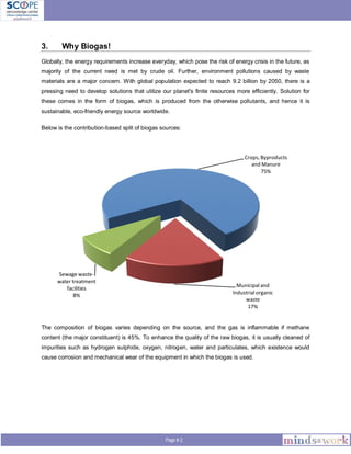 Page # 2
3. Why Biogas!
Globally, the energy requirements increase everyday, which pose the risk of energy crisis in the future, as
majority of the current need is met by crude oil. Further, environment pollutions caused by waste
materials are a major concern. With global population expected to reach 9.2 billion by 2050, there is a
pressing need to develop solutions that utilize our planet's finite resources more efficiently. Solution for
these comes in the form of biogas, which is produced from the otherwise pollutants, and hence it is
sustainable, eco-friendly energy source worldwide.
Below is the contribution-based split of biogas sources:
The composition of biogas varies depending on the source, and the gas is inflammable if methane
content (the major constituent) is 45%. To enhance the quality of the raw biogas, it is usually cleaned of
impurities such as hydrogen sulphide, oxygen, nitrogen, water and particulates, which existence would
cause corrosion and mechanical wear of the equipment in which the biogas is used.
Crops,Byproducts
and Manure
75%
Municipal and
Industrial organic
waste
17%
Sewage waste-
water treatment
facilities
8%
 