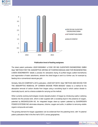 Page # 7
Publication trend of leading assignees
The latest patent publication US2013000486A1 of DGE DR ING GUENTHER ENGINEERING GMBH
titled “METHOD FOR THE ADSORPTIVE DRYING OF PURIFIED BIOGAS AND FOR REGENERATING
LADEN ADSORBENTS” details a process for adsorptive drying of purified biogas (called biomethane)
and regeneration of laden adsorbents, wherein the dried biogas is sent to a further use, for example by
feeding into a conventional natural gas grid.
Similarly, NALCO COMPANY’s 2013 publication, US2013071307A1 titled “METHOD AND DEVICE FOR
THE ABSORPTIVE REMOVAL OF CARBON DIOXIDE FROM BIOGAS” relates to a method for the
absorptive removal of carbon dioxide from biogas using a scrubbing liquid in which carbon dioxide is
chemically bound, and to a device suitable for carrying out the method.
Other currently evolving technologies include desulphurization of biogas by introducing sulphur oxidizing
bacteria into the process tank, which is later supplied with a scrubbing liquid in the presence of oxygen,
patented by BIOGASCLEAN AS. An integrated biogas clean-up system patented by QUADROGEN
POWER SYSTEMS INC eliminates siloxanes, chlorine, oxygen and sulfur, in addition to removing volatile
organic compounds and water.
The growing demand for biogas upgradation can be evidenced from the patenting trend, with 14 patents/
patent publications filed in the first half of 2013, across geographies.
0
0.5
1
1.5
2
2.5
3
3.5
4
2010 2012 2013
DGE DR ING GUENTHER
ENGINEERING GMBH
MT BIOMETHAN GMBH
NALCO COMPAY
 