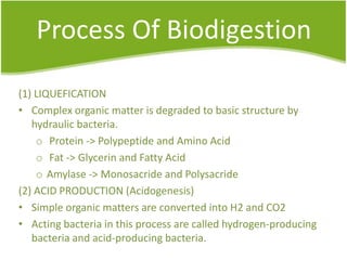 Process Of Biodigestion
(1) LIQUEFICATION
• Complex organic matter is degraded to basic structure by
hydraulic bacteria.
o Protein -> Polypeptide and Amino Acid
o Fat -> Glycerin and Fatty Acid
o Amylase -> Monosacride and Polysacride
(2) ACID PRODUCTION (Acidogenesis)
• Simple organic matters are converted into H2 and CO2
• Acting bacteria in this process are called hydrogen-producing
bacteria and acid-producing bacteria.

 
