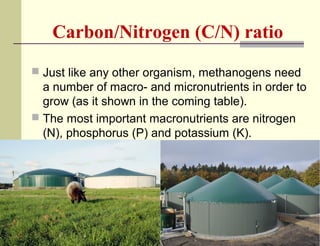Carbon/Nitrogen (C/N) ratio
 Just like any other organism, methanogens need

a number of macro- and micronutrients in order to
grow (as it shown in the coming table).
 The most important macronutrients are nitrogen
(N), phosphorus (P) and potassium (K).

 