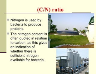 (C/N) ratio
 Nitrogen is used by

bacteria to produce
proteins.
 The nitrogen content is
often quoted in relation
to carbon, as this gives
an indication of
whether there is
sufficient nitrogen
available for bacteria.

 