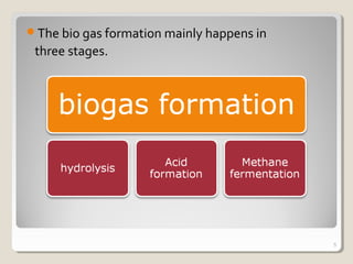 The bio gas formation mainly happens in
three stages.
5
 