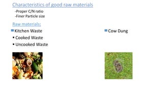 Characteristics of good raw materials
Raw materials:
Kitchen Waste Cow Dung
 Cooked Waste
 Uncooked Waste
-Proper C/N ratio
-Finer Particle size
 