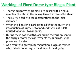 Working of Fixed Dome type Biogas Plant
• The various forms of biomass are mixed with an equal
quantity of water in the mixing tank. This forms the slurry.
• The slurry is fed into the digester through the inlet
chamber.
• When the digester is partially filled with the slurry, the
introduction of slurry is stopped and the plant is left
unused for about two months.
• During these two months, anaerobic bacteria present in
the slurry decomposes or ferments the biomass in the
presence of water.
• As a result of anaerobic fermentation, biogas is formed,
which starts collecting in the dome of the digester.
 