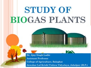STUDY OF
BIOGAS PLANTS
Dr. Ajay Singh Lodhi
Assistant Professor
College of Agriculture, Balaghat
Jawahar Lal Krishi Vishwa Vidyalaya, Jabalpur (M.P.)
 
