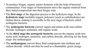 • To produce biogas, organic matter ferments with the help of bacterial
communities. Four stages of fermentation move the organic material from
their initial composition into their biogas state
• The first stage of the digestion process is the hydrolysis stage. In the
hydrolysis stage insoluble organic polymers (such as carbohydrates) are
broken down, making it accessible to the next stage of bacteria called
acidogenic bacteria.
• The acideogenic bacteria convert sugars and amino acids into carbon
dioxide, hydrogen, ammonia, and organic acids.
• At the third stage the acetogenic bacteria convert the organic acids into
acetic acid, hydrogen, ammonia, and carbon dioxide, allowing for the final
stage- the methanogens
• The methanogens convert these final components into methane and
carbon dioxide- which can then be used as a flammable, green energy
 