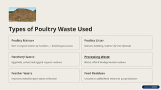 Types of Poultry Waste Used
Poultry Manure
Rich in organic matter & nutrients — best biogas source
Poultry Litter
Manure, bedding, feathers & feed residues
Hatchery Waste
Eggshells, unhatched eggs & organic residues
Processing Waste
Blood, offal & biodegradable residues
Feather Waste
Improves overall organic waste utilisation
Feed Residues
Unused or spilled feed enhances gas production
 